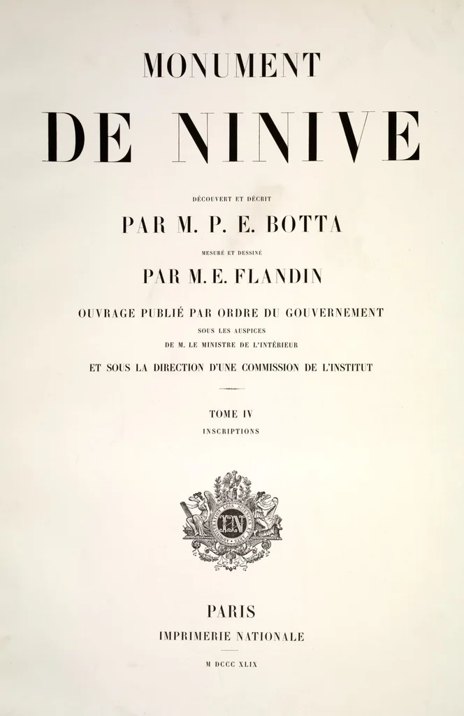An illustration from Monument de Ninive, découvert et décrit par M.P.E. Botta; mesuré et dessiné par M.E. Flandin. Ouvrage publié par ordre du gouvernement sous les auspices de M. le ministre de l'intérieur et sous la direction d'une commission de l'Institut, 1849, leaf 265