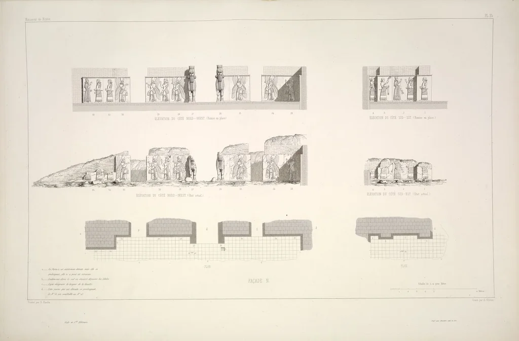 An illustration from Monument de Ninive, découvert et décrit par M.P.E. Botta; mesuré et dessiné par M.E. Flandin. Ouvrage publié par ordre du gouvernement sous les auspices de M. le ministre de l'intérieur et sous la direction d'une commission de l'Institut, 1849, leaf 27