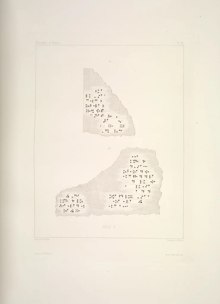 An illustration from Monument de Ninive, découvert et décrit par M.P.E. Botta; mesuré et dessiné par M.E. Flandin. Ouvrage publié par ordre du gouvernement sous les auspices de M. le ministre de l'intérieur et sous la direction d'une commission de l'Institut, 1849, leaf 290