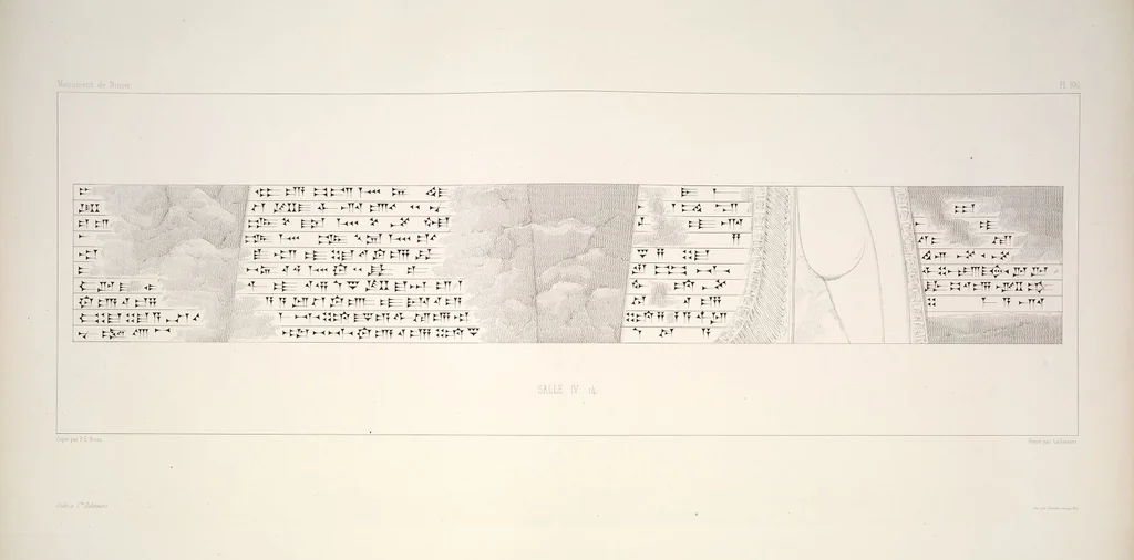 An illustration from Monument de Ninive, découvert et décrit par M.P.E. Botta; mesuré et dessiné par M.E. Flandin. Ouvrage publié par ordre du gouvernement sous les auspices de M. le ministre de l'intérieur et sous la direction d'une commission de l'Institut, 1849, leaf 298
