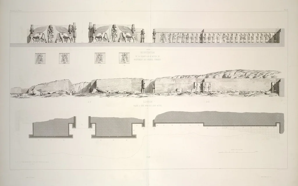 An illustration from Monument de Ninive, découvert et décrit par M.P.E. Botta; mesuré et dessiné par M.E. Flandin. Ouvrage publié par ordre du gouvernement sous les auspices de M. le ministre de l'intérieur et sous la direction d'une commission de l'Institut, 1849, leaf 32