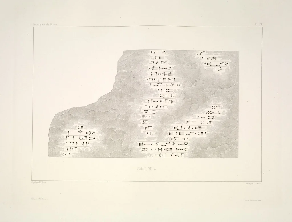 An illustration from Monument de Ninive, découvert et décrit par M.P.E. Botta; mesuré et dessiné par M.E. Flandin. Ouvrage publié par ordre du gouvernement sous les auspices de M. le ministre de l'intérieur et sous la direction d'une commission de l'Institut, 1849, leaf 322