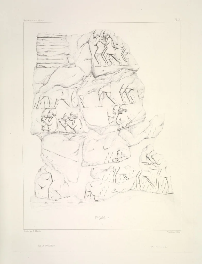 An illustration from Monument de Ninive, découvert et décrit par M.P.E. Botta; mesuré et dessiné par M.E. Flandin. Ouvrage publié par ordre du gouvernement sous les auspices de M. le ministre de l'intérieur et sous la direction d'une commission de l'Institut, 1849, leaf 33