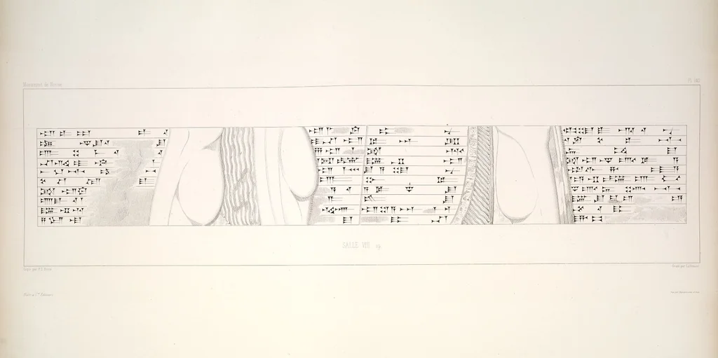 An illustration from Monument de Ninive, découvert et décrit par M.P.E. Botta; mesuré et dessiné par M.E. Flandin. Ouvrage publié par ordre du gouvernement sous les auspices de M. le ministre de l'intérieur et sous la direction d'une commission de l'Institut, 1849, leaf 338