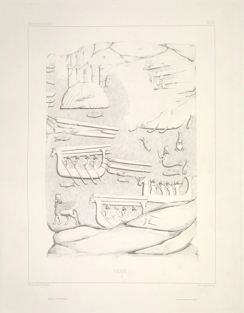 An illustration from Monument de Ninive, découvert et décrit par M.P.E. Botta; mesuré et dessiné par M.E. Flandin. Ouvrage publié par ordre du gouvernement sous les auspices de M. le ministre de l'intérieur et sous la direction d'une commission de l'Institut, 1849, leaf 34