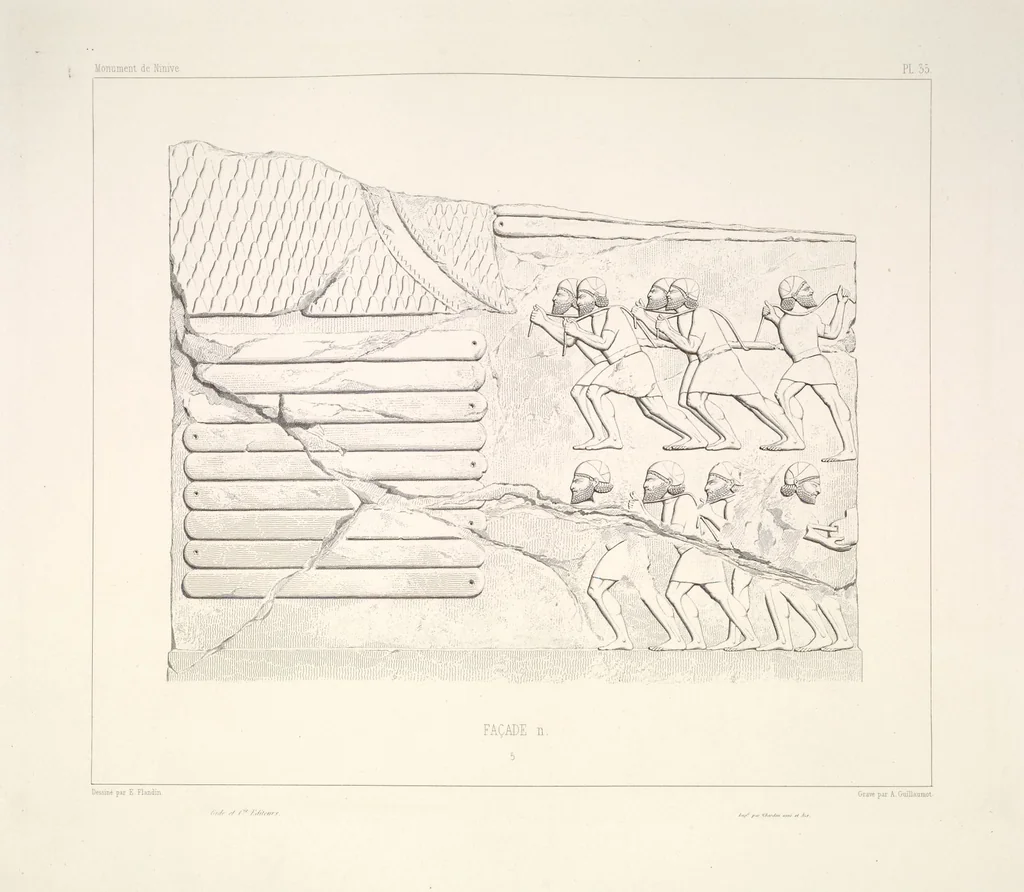 An illustration from Monument de Ninive, découvert et décrit par M.P.E. Botta; mesuré et dessiné par M.E. Flandin. Ouvrage publié par ordre du gouvernement sous les auspices de M. le ministre de l'intérieur et sous la direction d'une commission de l'Institut, 1849, leaf 37