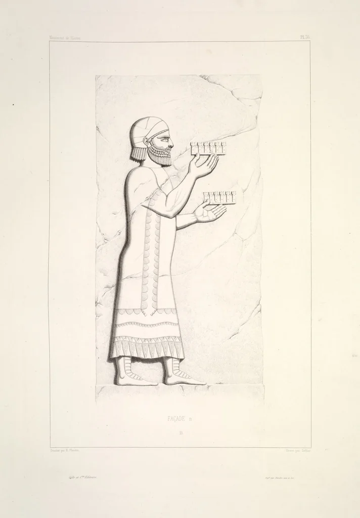 An illustration from Monument de Ninive, découvert et décrit par M.P.E. Botta; mesuré et dessiné par M.E. Flandin. Ouvrage publié par ordre du gouvernement sous les auspices de M. le ministre de l'intérieur et sous la direction d'une commission de l'Institut, 1849, leaf 38