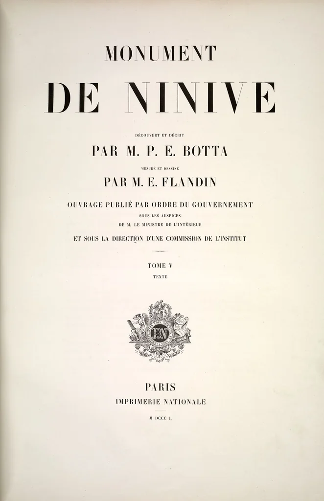 An illustration from Monument de Ninive, découvert et décrit par M.P.E. Botta; mesuré et dessiné par M.E. Flandin. Ouvrage publié par ordre du gouvernement sous les auspices de M. le ministre de l'intérieur et sous la direction d'une commission de l'Institut, 1849, leaf 382
