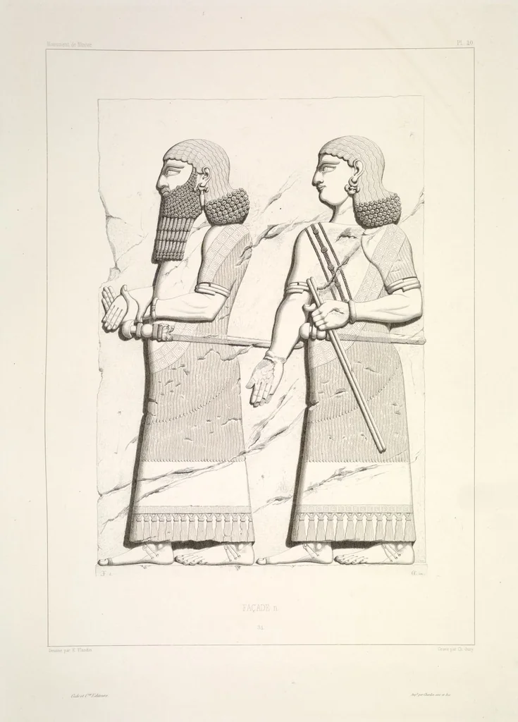 An illustration from Monument de Ninive, découvert et décrit par M.P.E. Botta; mesuré et dessiné par M.E. Flandin. Ouvrage publié par ordre du gouvernement sous les auspices de M. le ministre de l'intérieur et sous la direction d'une commission de l'Institut, 1849, leaf 42
