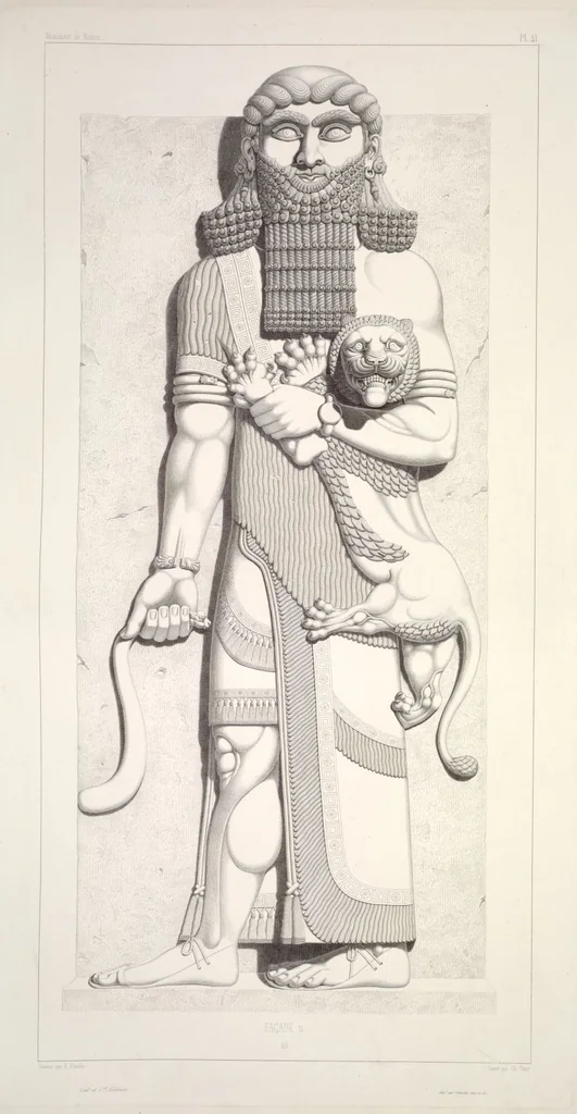 An illustration from Monument de Ninive, découvert et décrit par M.P.E. Botta; mesuré et dessiné par M.E. Flandin. Ouvrage publié par ordre du gouvernement sous les auspices de M. le ministre de l'intérieur et sous la direction d'une commission de l'Institut, 1849, leaf 43