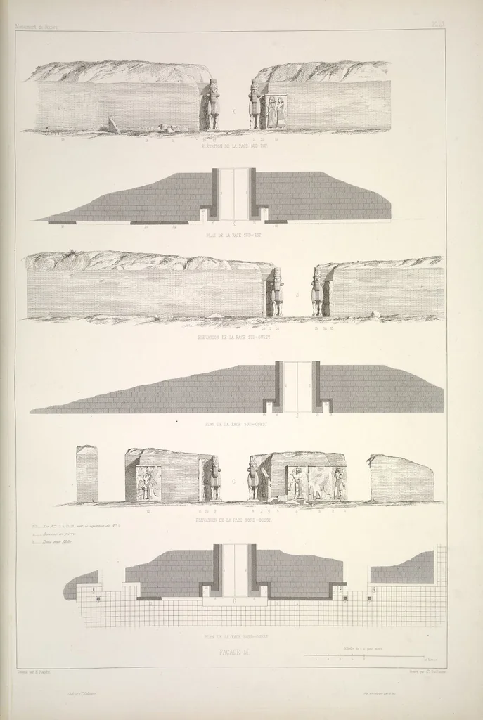 An illustration from Monument de Ninive, découvert et décrit par M.P.E. Botta; mesuré et dessiné par M.E. Flandin. Ouvrage publié par ordre du gouvernement sous les auspices de M. le ministre de l'intérieur et sous la direction d'une commission de l'Institut, 1849, leaf 44