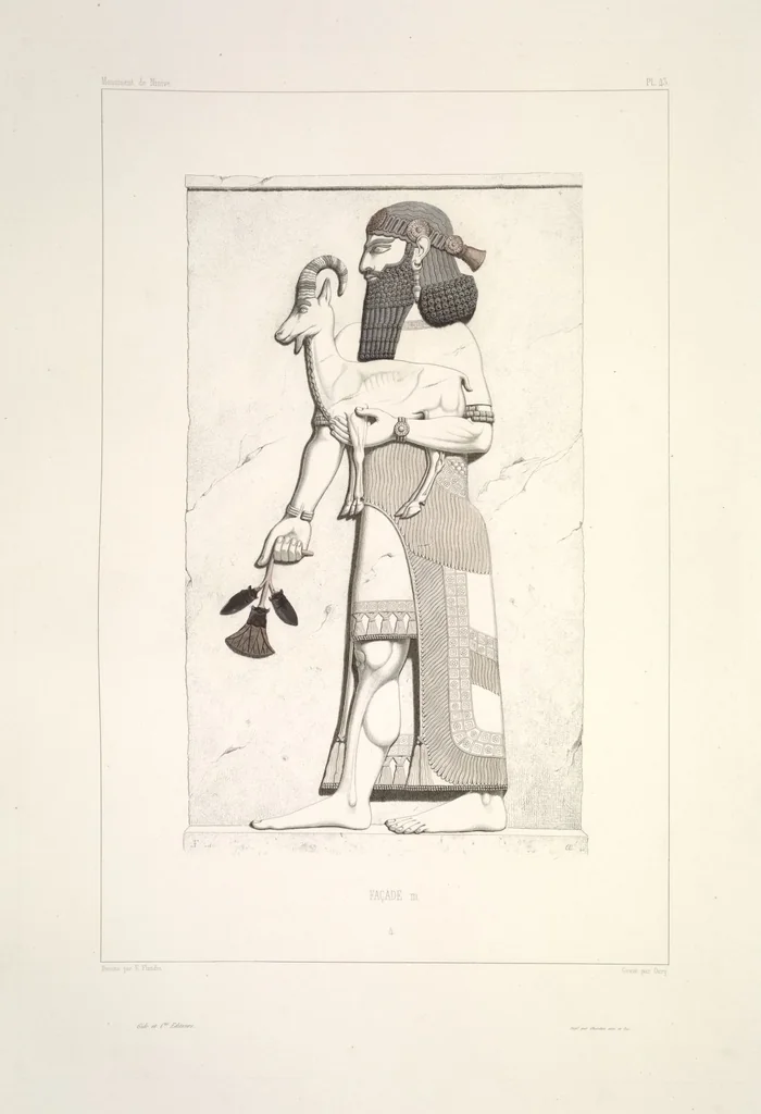 An illustration from Monument de Ninive, découvert et décrit par M.P.E. Botta; mesuré et dessiné par M.E. Flandin. Ouvrage publié par ordre du gouvernement sous les auspices de M. le ministre de l'intérieur et sous la direction d'une commission de l'Institut, 1849, leaf 45