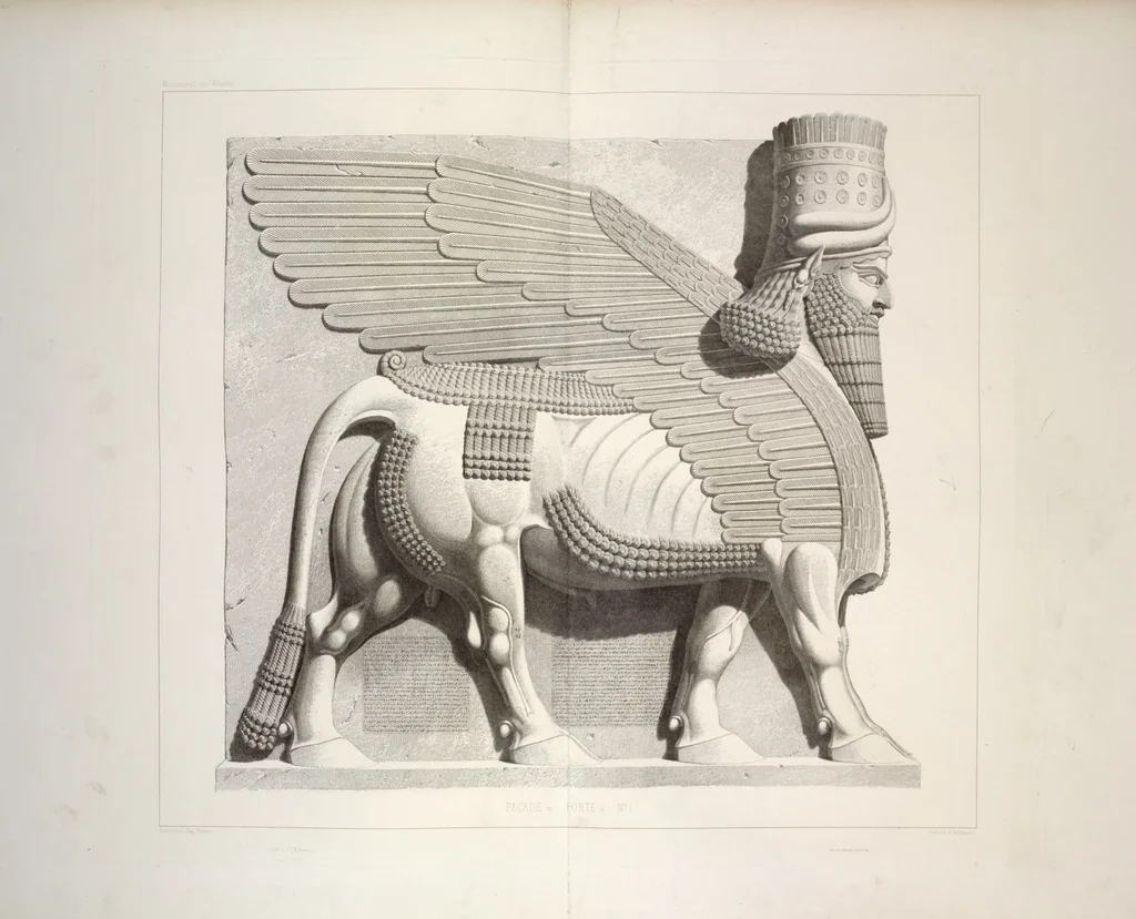 An illustration from Monument de Ninive, découvert et décrit par M.P.E. Botta; mesuré et dessiné par M.E. Flandin. Ouvrage publié par ordre du gouvernement sous les auspices de M. le ministre de l'intérieur et sous la direction d'une commission de l'Institut, 1849, leaf 47