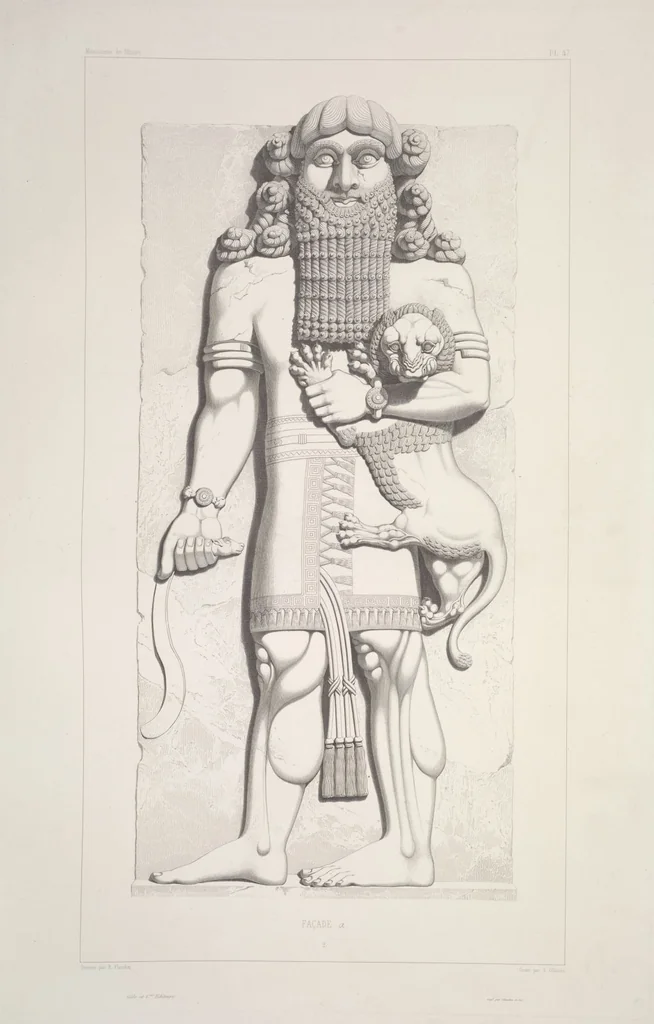 An illustration from Monument de Ninive, découvert et décrit par M.P.E. Botta; mesuré et dessiné par M.E. Flandin. Ouvrage publié par ordre du gouvernement sous les auspices de M. le ministre de l'intérieur et sous la direction d'une commission de l'Institut, 1849, leaf 49