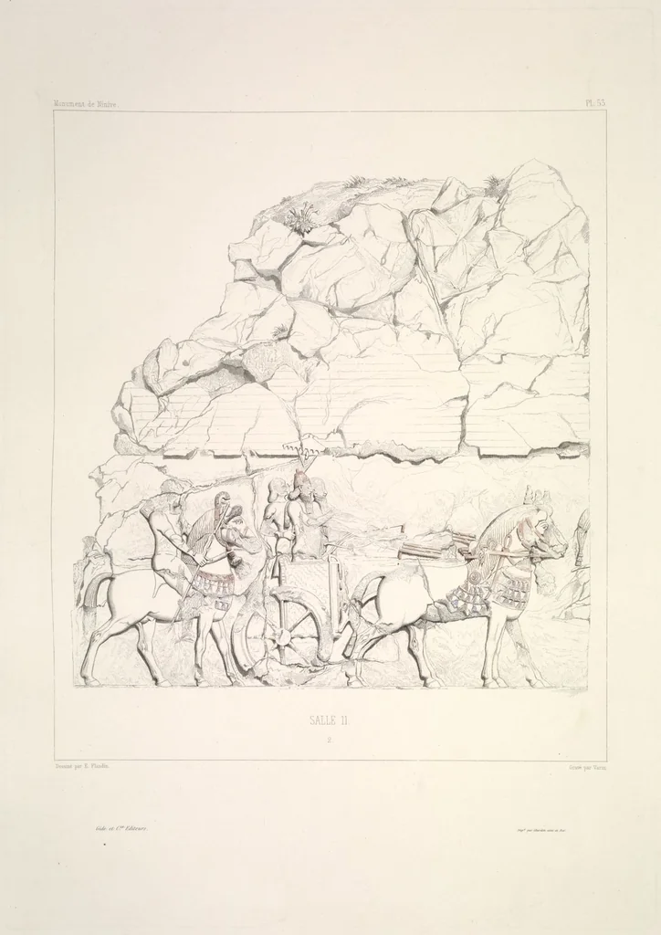 An illustration from Monument de Ninive, découvert et décrit par M.P.E. Botta; mesuré et dessiné par M.E. Flandin. Ouvrage publié par ordre du gouvernement sous les auspices de M. le ministre de l'intérieur et sous la direction d'une commission de l'Institut, 1849, leaf 55
