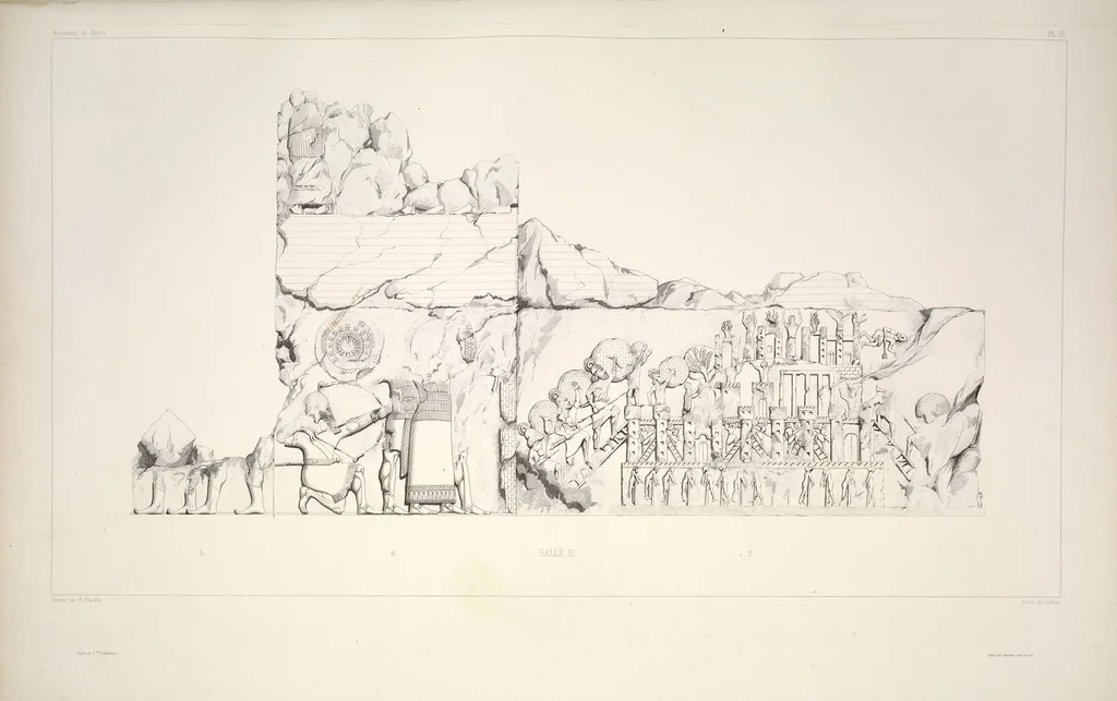 An illustration from Monument de Ninive, découvert et décrit par M.P.E. Botta; mesuré et dessiné par M.E. Flandin. Ouvrage publié par ordre du gouvernement sous les auspices de M. le ministre de l'intérieur et sous la direction d'une commission de l'Institut, 1849, leaf 57