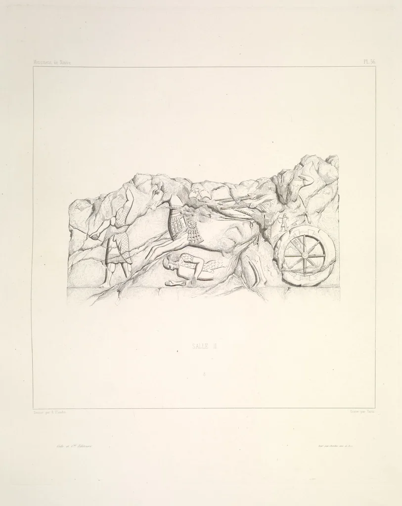 An illustration from Monument de Ninive, découvert et décrit par M.P.E. Botta; mesuré et dessiné par M.E. Flandin. Ouvrage publié par ordre du gouvernement sous les auspices de M. le ministre de l'intérieur et sous la direction d'une commission de l'Institut, 1849, leaf 58