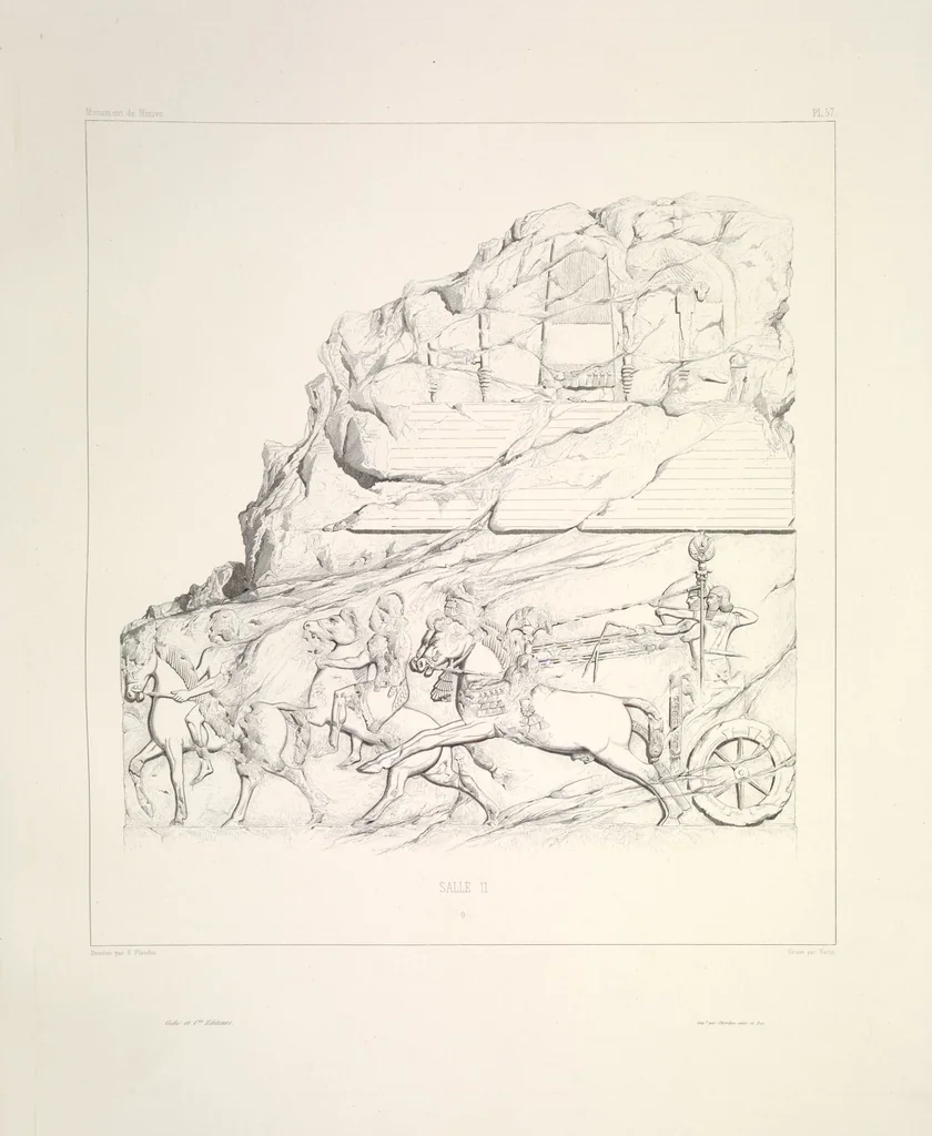 An illustration from Monument de Ninive, découvert et décrit par M.P.E. Botta; mesuré et dessiné par M.E. Flandin. Ouvrage publié par ordre du gouvernement sous les auspices de M. le ministre de l'intérieur et sous la direction d'une commission de l'Institut, 1849, leaf 59