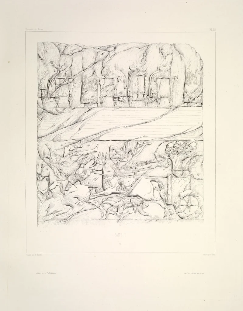 An illustration from Monument de Ninive, découvert et décrit par M.P.E. Botta; mesuré et dessiné par M.E. Flandin. Ouvrage publié par ordre du gouvernement sous les auspices de M. le ministre de l'intérieur et sous la direction d'une commission de l'Institut, 1849, leaf 60