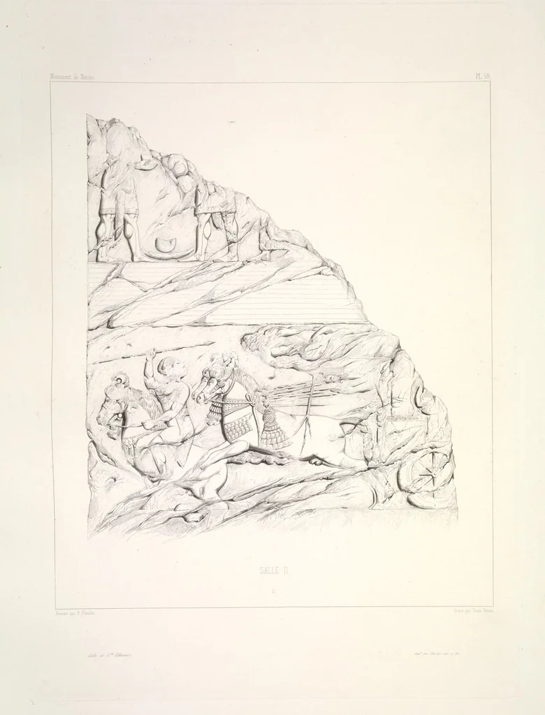 An illustration from Monument de Ninive, découvert et décrit par M.P.E. Botta; mesuré et dessiné par M.E. Flandin. Ouvrage publié par ordre du gouvernement sous les auspices de M. le ministre de l'intérieur et sous la direction d'une commission de l'Institut, 1849, leaf 61