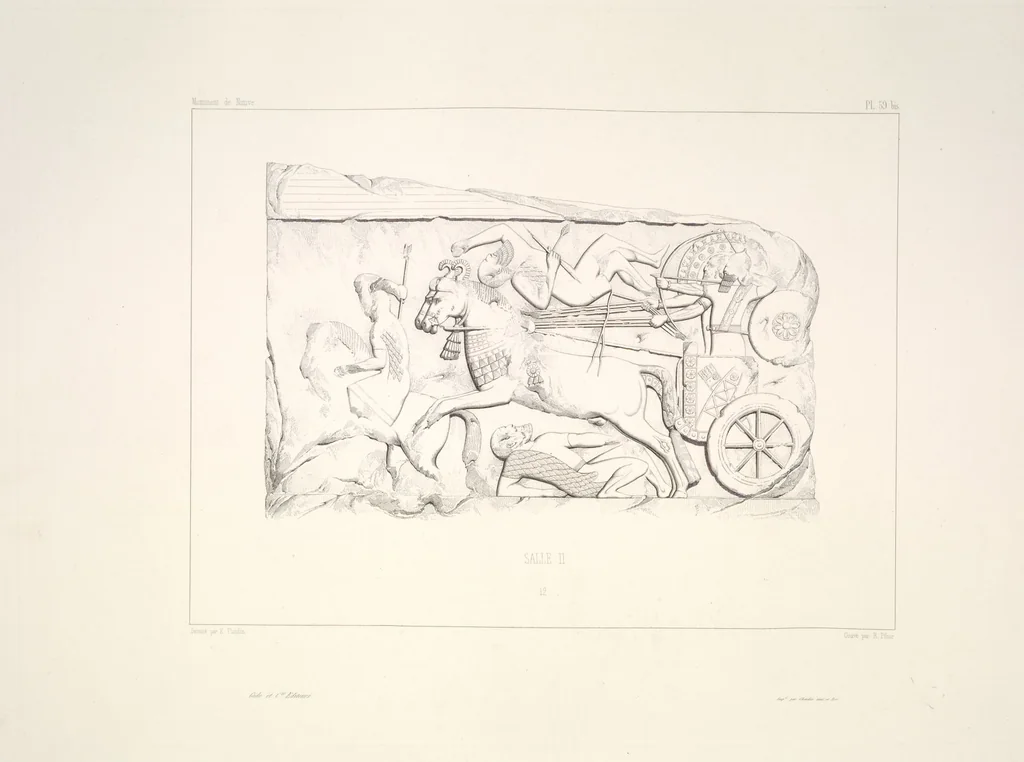 An illustration from Monument de Ninive, découvert et décrit par M.P.E. Botta; mesuré et dessiné par M.E. Flandin. Ouvrage publié par ordre du gouvernement sous les auspices de M. le ministre de l'intérieur et sous la direction d'une commission de l'Institut, 1849, leaf 62
