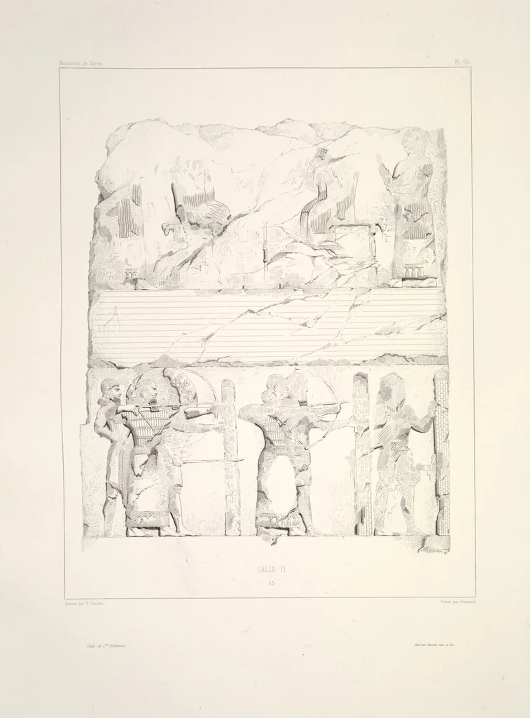 An illustration from Monument de Ninive, découvert et décrit par M.P.E. Botta; mesuré et dessiné par M.E. Flandin. Ouvrage publié par ordre du gouvernement sous les auspices de M. le ministre de l'intérieur et sous la direction d'une commission de l'Institut, 1849, leaf 63