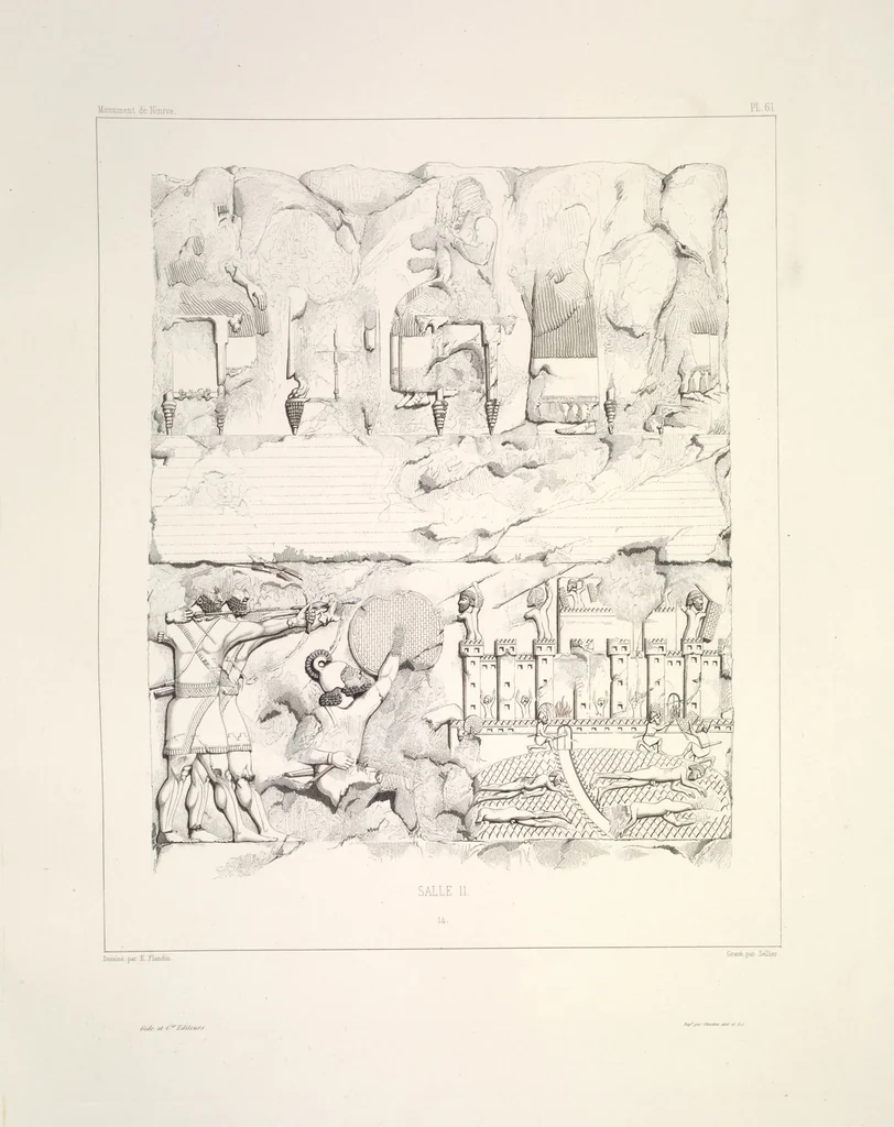 An illustration from Monument de Ninive, découvert et décrit par M.P.E. Botta; mesuré et dessiné par M.E. Flandin. Ouvrage publié par ordre du gouvernement sous les auspices de M. le ministre de l'intérieur et sous la direction d'une commission de l'Institut, 1849, leaf 64