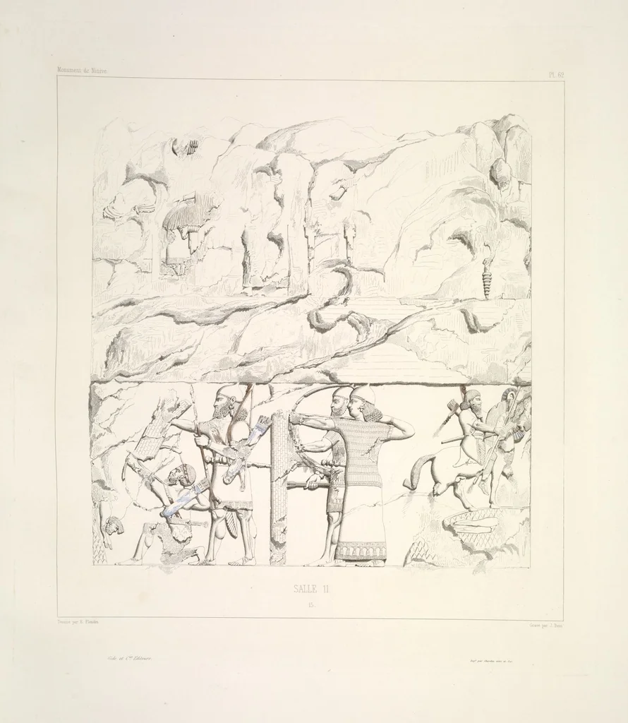 An illustration from Monument de Ninive, découvert et décrit par M.P.E. Botta; mesuré et dessiné par M.E. Flandin. Ouvrage publié par ordre du gouvernement sous les auspices de M. le ministre de l'intérieur et sous la direction d'une commission de l'Institut, 1849, leaf 65