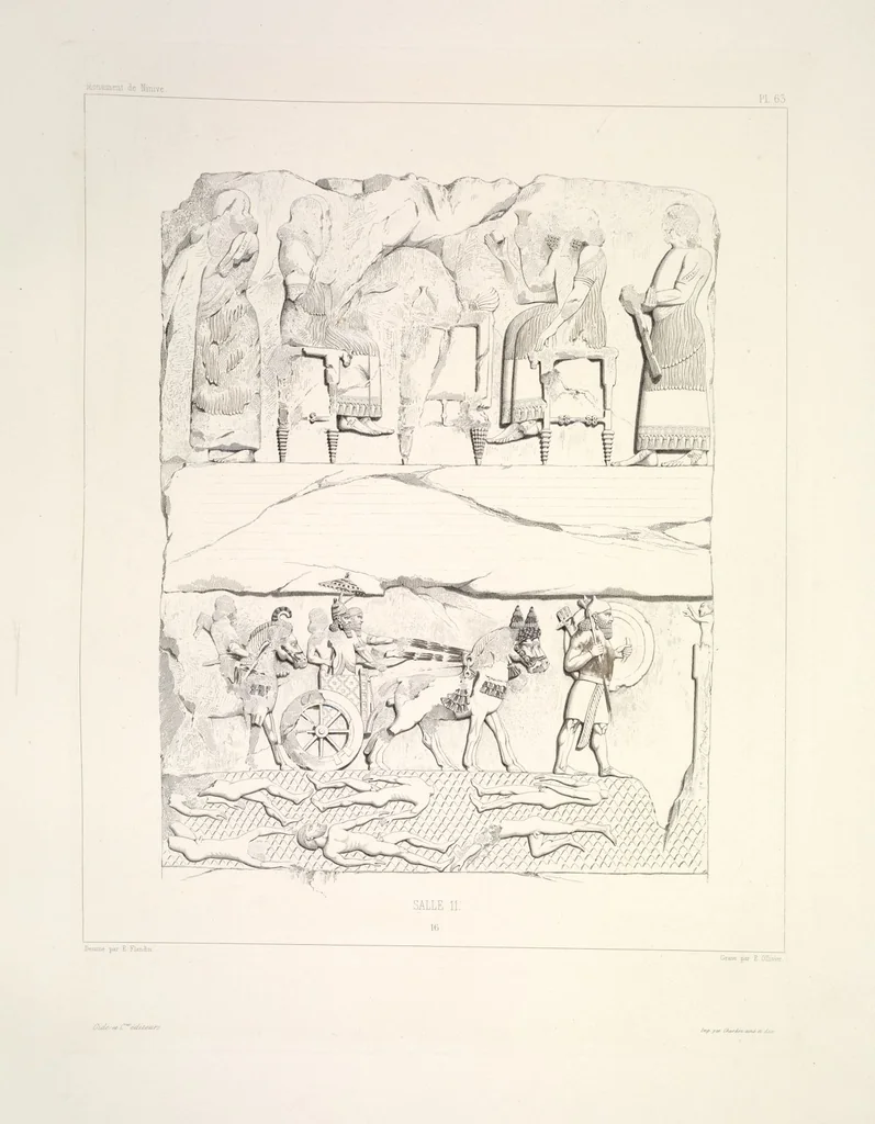 An illustration from Monument de Ninive, découvert et décrit par M.P.E. Botta; mesuré et dessiné par M.E. Flandin. Ouvrage publié par ordre du gouvernement sous les auspices de M. le ministre de l'intérieur et sous la direction d'une commission de l'Institut, 1849, leaf 66
