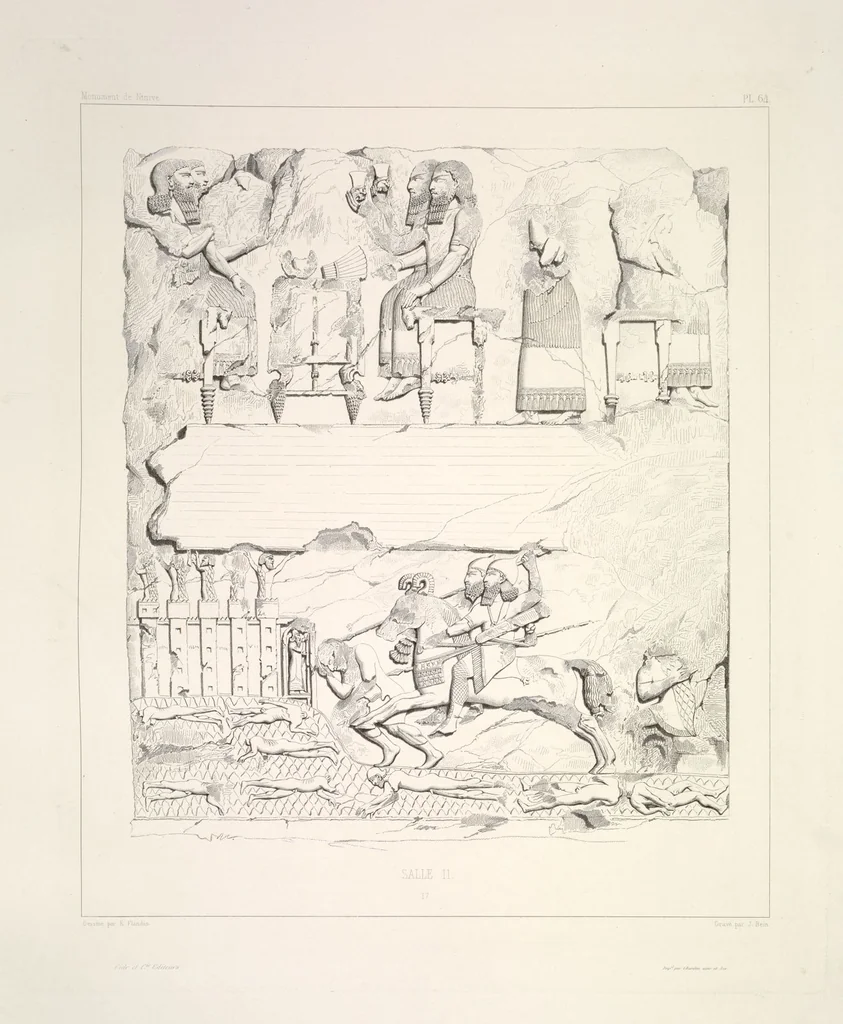 An illustration from Monument de Ninive, découvert et décrit par M.P.E. Botta; mesuré et dessiné par M.E. Flandin. Ouvrage publié par ordre du gouvernement sous les auspices de M. le ministre de l'intérieur et sous la direction d'une commission de l'Institut, 1849, leaf 67