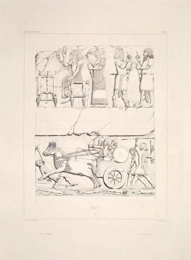 An illustration from Monument de Ninive, découvert et décrit par M.P.E. Botta; mesuré et dessiné par M.E. Flandin. Ouvrage publié par ordre du gouvernement sous les auspices de M. le ministre de l'intérieur et sous la direction d'une commission de l'Institut, 1849, leaf 68