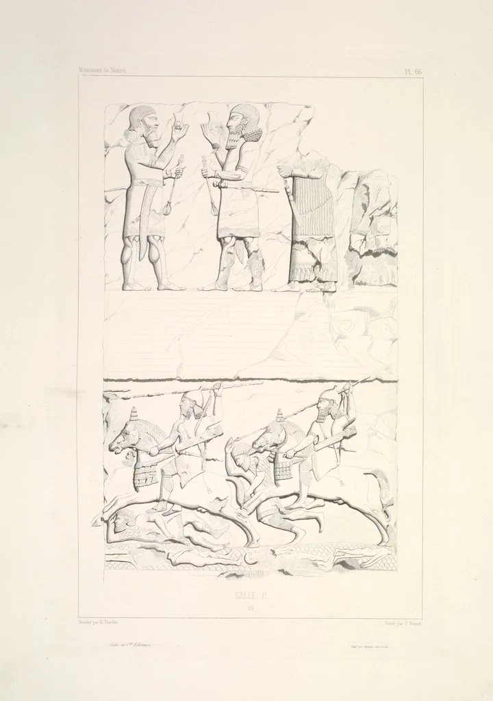 An illustration from Monument de Ninive, découvert et décrit par M.P.E. Botta; mesuré et dessiné par M.E. Flandin. Ouvrage publié par ordre du gouvernement sous les auspices de M. le ministre de l'intérieur et sous la direction d'une commission de l'Institut, 1849, leaf 69