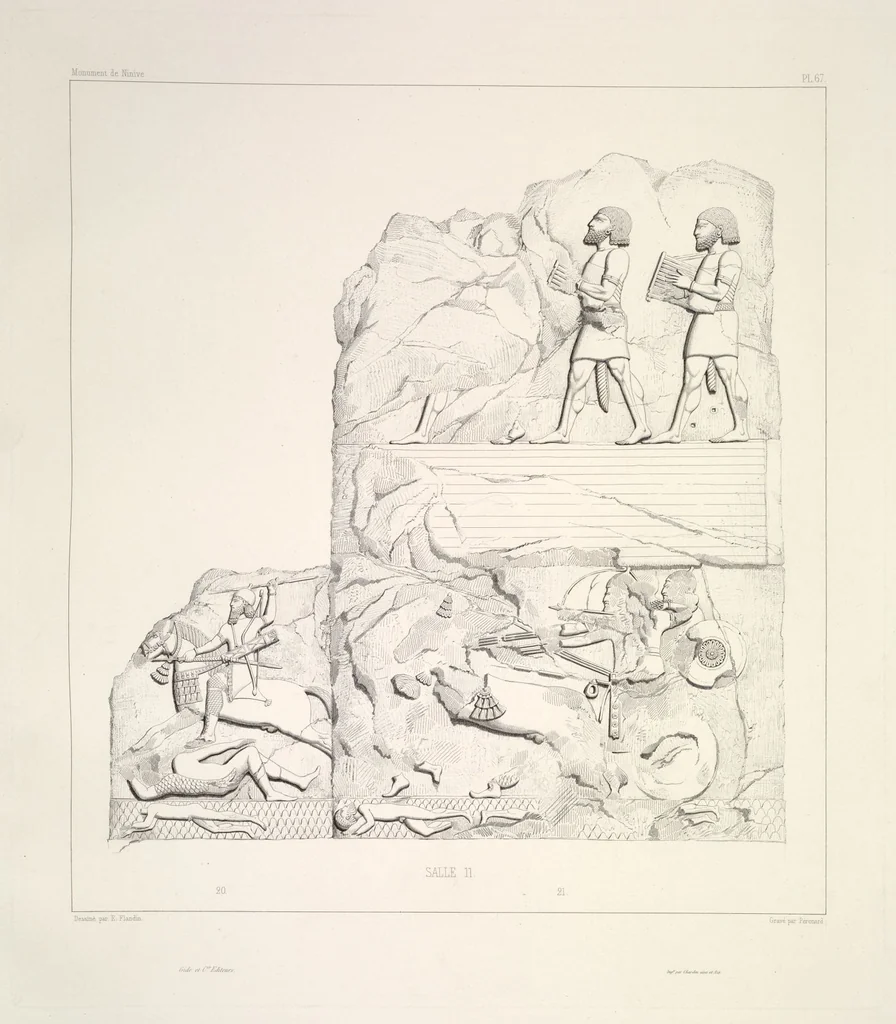 An illustration from Monument de Ninive, découvert et décrit par M.P.E. Botta; mesuré et dessiné par M.E. Flandin. Ouvrage publié par ordre du gouvernement sous les auspices de M. le ministre de l'intérieur et sous la direction d'une commission de l'Institut, 1849, leaf 70