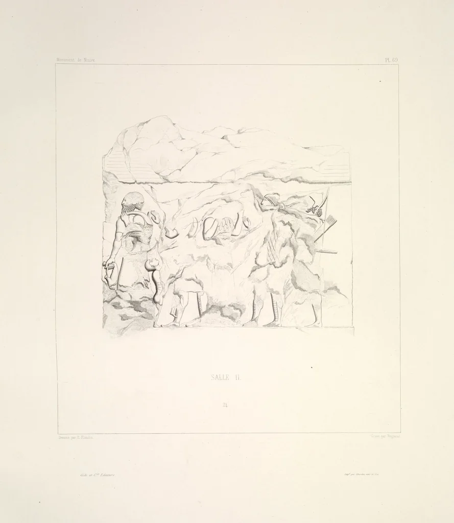 An illustration from Monument de Ninive, découvert et décrit par M.P.E. Botta; mesuré et dessiné par M.E. Flandin. Ouvrage publié par ordre du gouvernement sous les auspices de M. le ministre de l'intérieur et sous la direction d'une commission de l'Institut, 1849, leaf 73