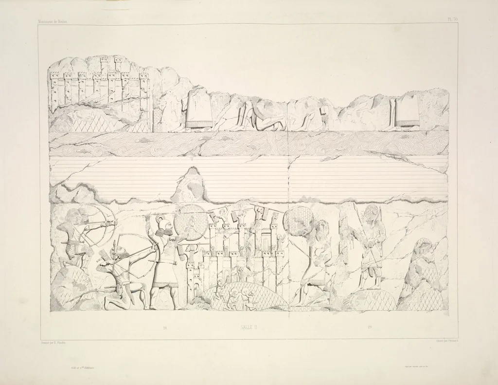 An illustration from Monument de Ninive, découvert et décrit par M.P.E. Botta; mesuré et dessiné par M.E. Flandin. Ouvrage publié par ordre du gouvernement sous les auspices de M. le ministre de l'intérieur et sous la direction d'une commission de l'Institut, 1849, leaf 74