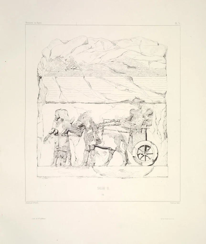 An illustration from Monument de Ninive, découvert et décrit par M.P.E. Botta; mesuré et dessiné par M.E. Flandin. Ouvrage publié par ordre du gouvernement sous les auspices de M. le ministre de l'intérieur et sous la direction d'une commission de l'Institut, 1849, leaf 75