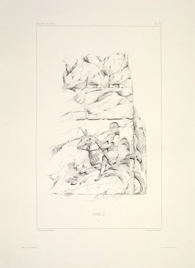 An illustration from Monument de Ninive, découvert et décrit par M.P.E. Botta; mesuré et dessiné par M.E. Flandin. Ouvrage publié par ordre du gouvernement sous les auspices de M. le ministre de l'intérieur et sous la direction d'une commission de l'Institut, 1849, leaf 76