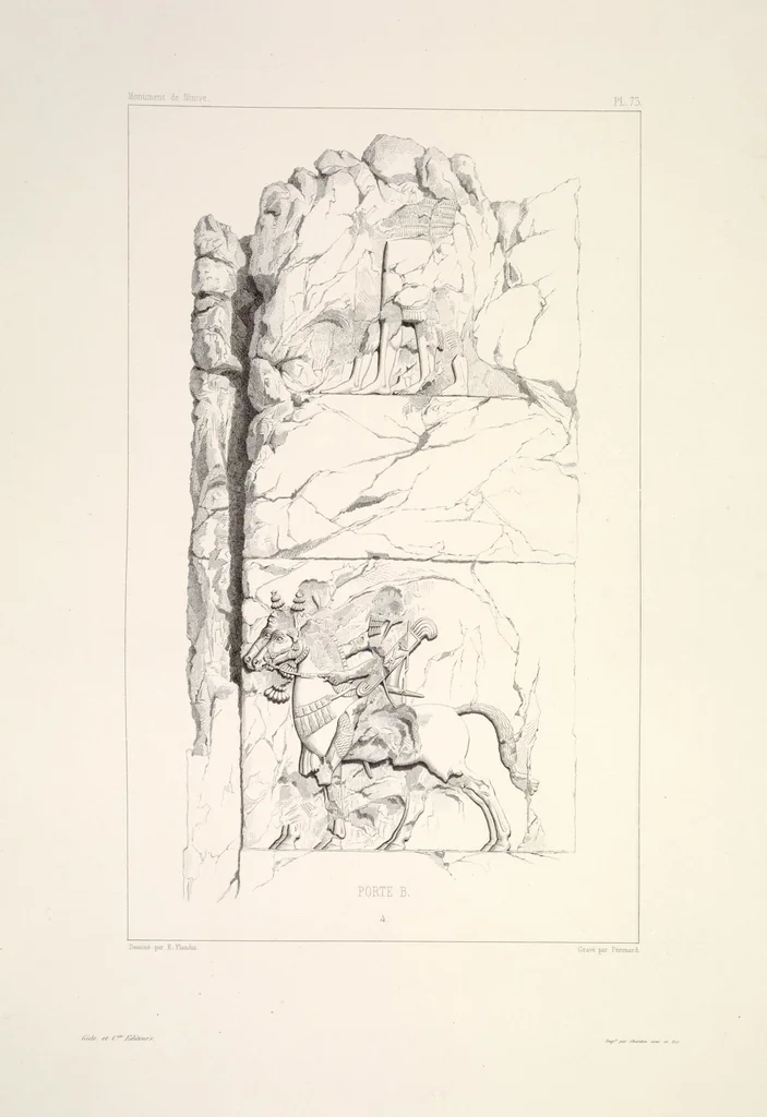 An illustration from Monument de Ninive, découvert et décrit par M.P.E. Botta; mesuré et dessiné par M.E. Flandin. Ouvrage publié par ordre du gouvernement sous les auspices de M. le ministre de l'intérieur et sous la direction d'une commission de l'Institut, 1849, leaf 77