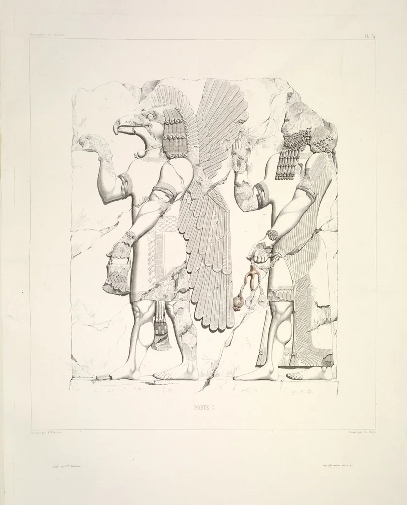 An illustration from Monument de Ninive, découvert et décrit par M.P.E. Botta; mesuré et dessiné par M.E. Flandin. Ouvrage publié par ordre du gouvernement sous les auspices de M. le ministre de l'intérieur et sous la direction d'une commission de l'Institut, 1849, leaf 78