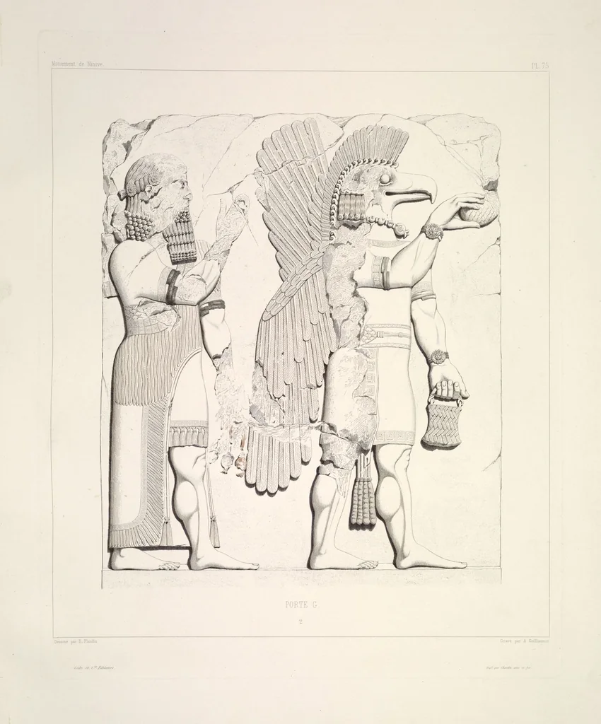 An illustration from Monument de Ninive, découvert et décrit par M.P.E. Botta; mesuré et dessiné par M.E. Flandin. Ouvrage publié par ordre du gouvernement sous les auspices de M. le ministre de l'intérieur et sous la direction d'une commission de l'Institut, 1849, leaf 79