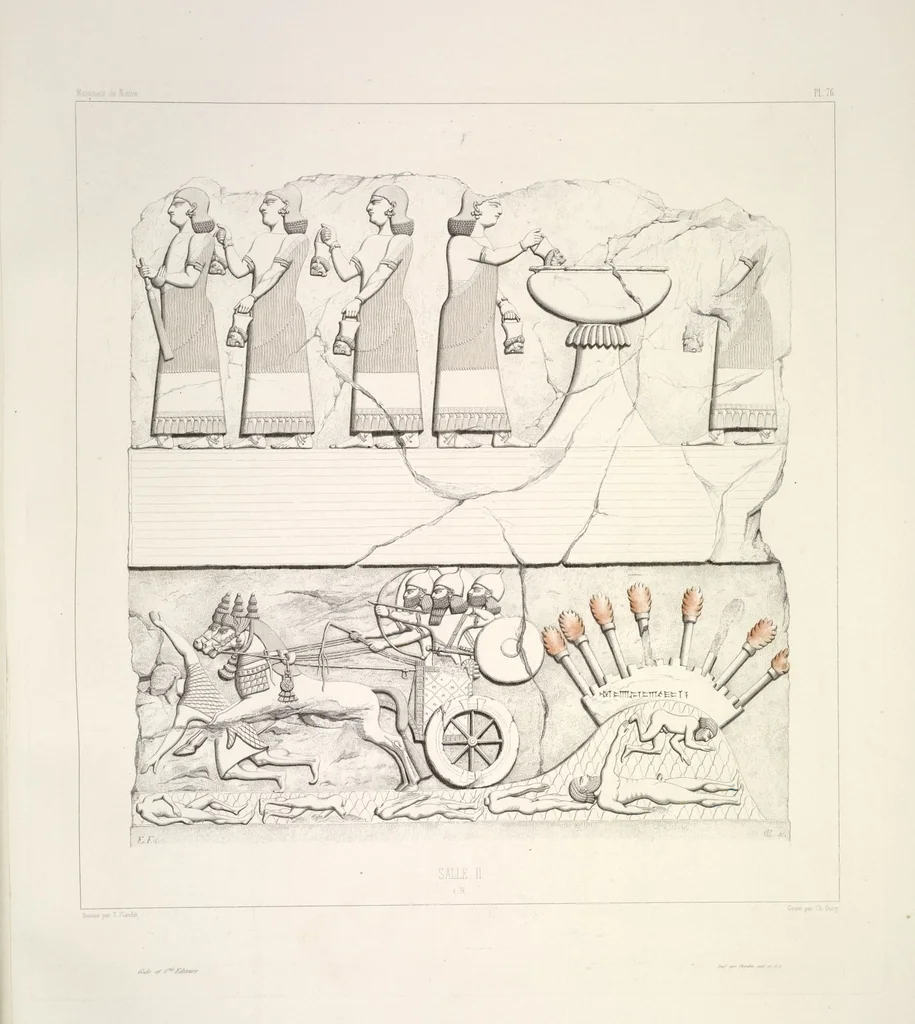 An illustration from Monument de Ninive, découvert et décrit par M.P.E. Botta; mesuré et dessiné par M.E. Flandin. Ouvrage publié par ordre du gouvernement sous les auspices de M. le ministre de l'intérieur et sous la direction d'une commission de l'Institut, 1849, leaf 80