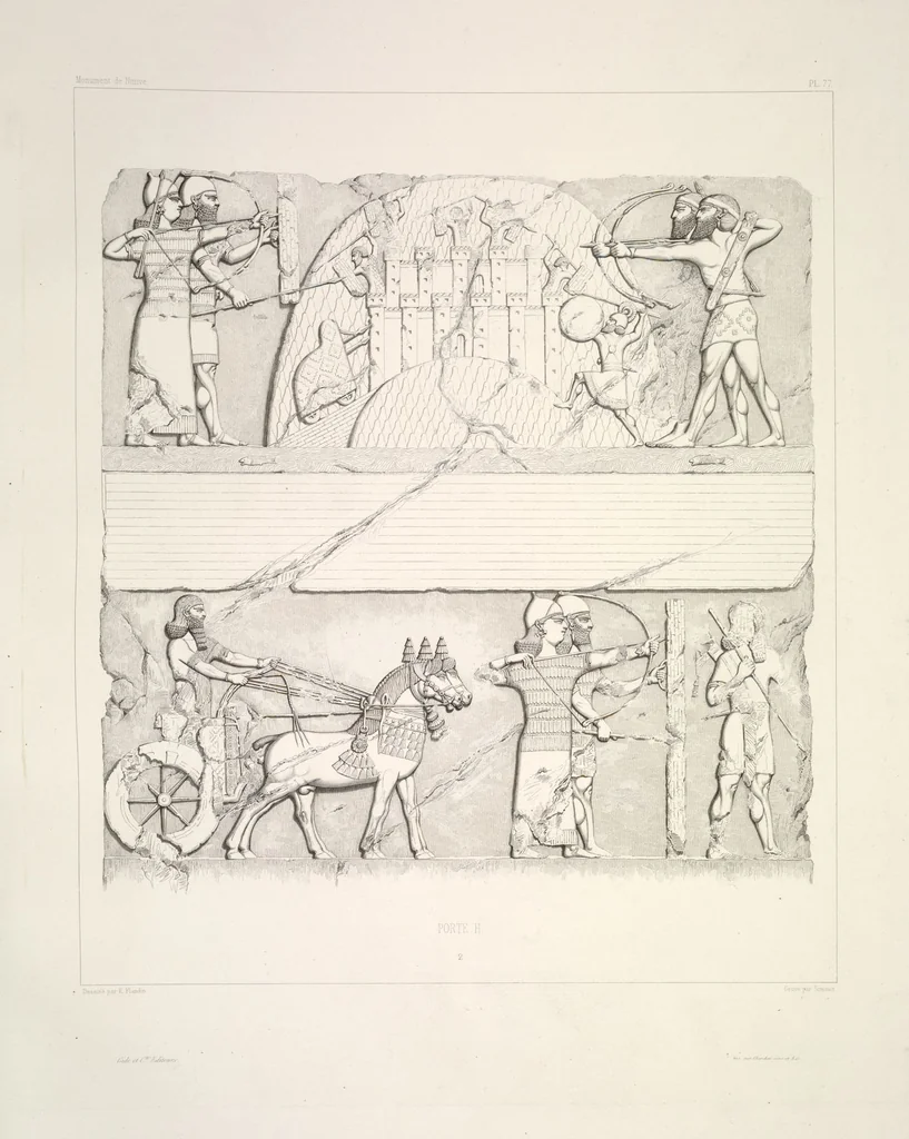 An illustration from Monument de Ninive, découvert et décrit par M.P.E. Botta; mesuré et dessiné par M.E. Flandin. Ouvrage publié par ordre du gouvernement sous les auspices de M. le ministre de l'intérieur et sous la direction d'une commission de l'Institut, 1849, leaf 81