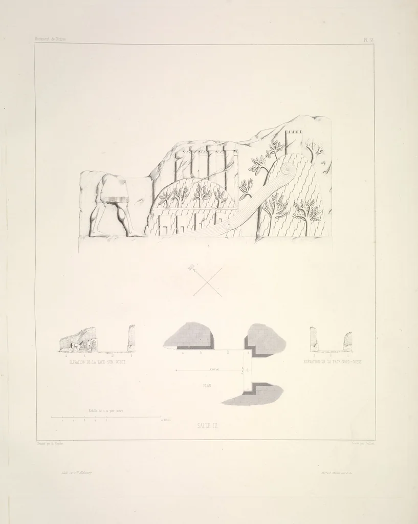 An illustration from Monument de Ninive, découvert et décrit par M.P.E. Botta; mesuré et dessiné par M.E. Flandin. Ouvrage publié par ordre du gouvernement sous les auspices de M. le ministre de l'intérieur et sous la direction d'une commission de l'Institut, 1849, leaf 82