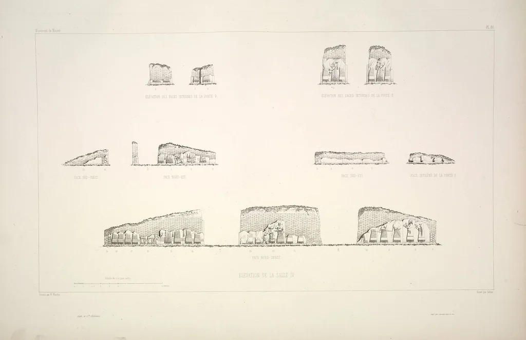 An illustration from Monument de Ninive, découvert et décrit par M.P.E. Botta; mesuré et dessiné par M.E. Flandin. Ouvrage publié par ordre du gouvernement sous les auspices de M. le ministre de l'intérieur et sous la direction d'une commission de l'Institut, 1849, leaf 84