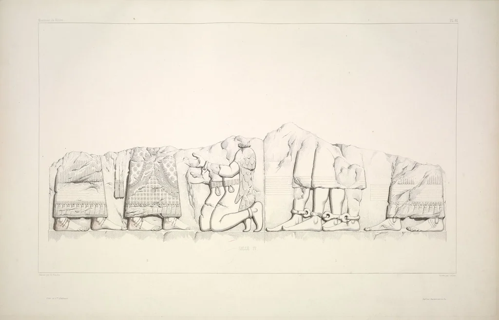 An illustration from Monument de Ninive, découvert et décrit par M.P.E. Botta; mesuré et dessiné par M.E. Flandin. Ouvrage publié par ordre du gouvernement sous les auspices de M. le ministre de l'intérieur et sous la direction d'une commission de l'Institut, 1849, leaf 85