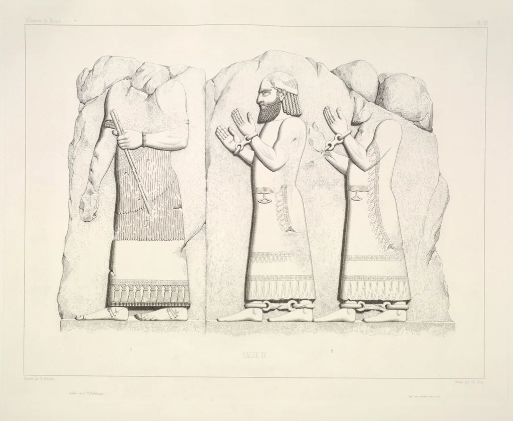An illustration from Monument de Ninive, découvert et décrit par M.P.E. Botta; mesuré et dessiné par M.E. Flandin. Ouvrage publié par ordre du gouvernement sous les auspices de M. le ministre de l'intérieur et sous la direction d'une commission de l'Institut, 1849, leaf 86