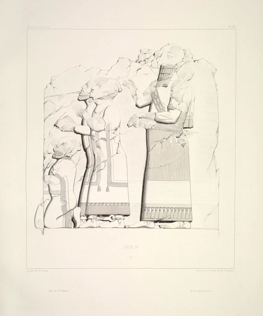 An illustration from Monument de Ninive, découvert et décrit par M.P.E. Botta; mesuré et dessiné par M.E. Flandin. Ouvrage publié par ordre du gouvernement sous les auspices de M. le ministre de l'intérieur et sous la direction d'une commission de l'Institut, 1849, leaf 87