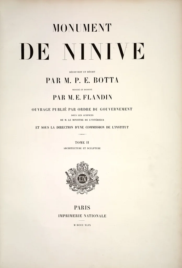 An illustration from Monument de Ninive, découvert et décrit par M.P.E. Botta; mesuré et dessiné par M.E. Flandin. Ouvrage publié par ordre du gouvernement sous les auspices de M. le ministre de l'intérieur et sous la direction d'une commission de l'Institut, 1849, leaf 88