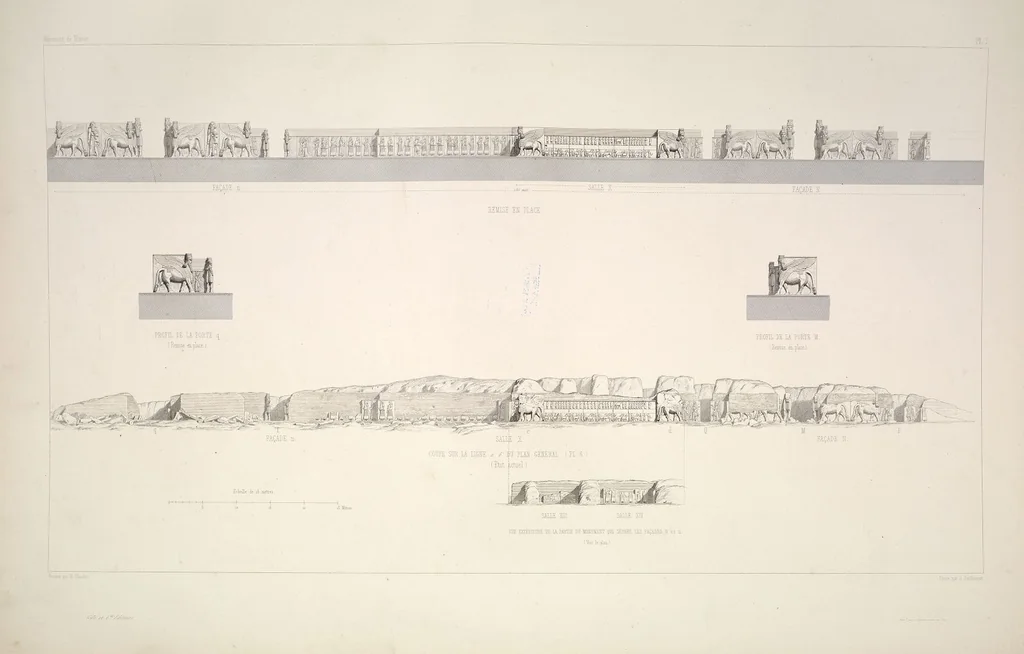 An illustration from Monument de Ninive, découvert et décrit par M.P.E. Botta; mesuré et dessiné par M.E. Flandin. Ouvrage publié par ordre du gouvernement sous les auspices de M. le ministre de l'intérieur et sous la direction d'une commission de l'Institut, 1849, leaf 9