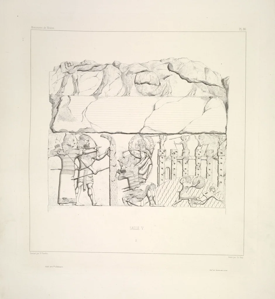 An illustration from Monument de Ninive, découvert et décrit par M.P.E. Botta; mesuré et dessiné par M.E. Flandin. Ouvrage publié par ordre du gouvernement sous les auspices de M. le ministre de l'intérieur et sous la direction d'une commission de l'Institut, 1849, leaf 91